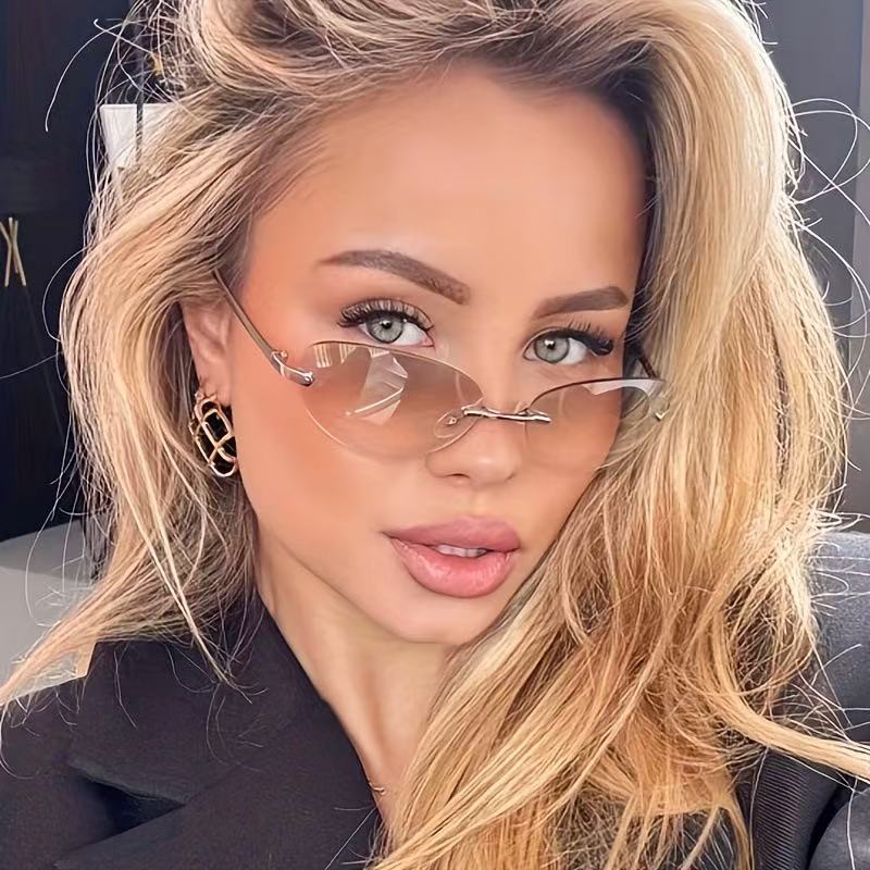 Rimless Oval Sunglasses Women  - Metal Photo Panel avis et prix